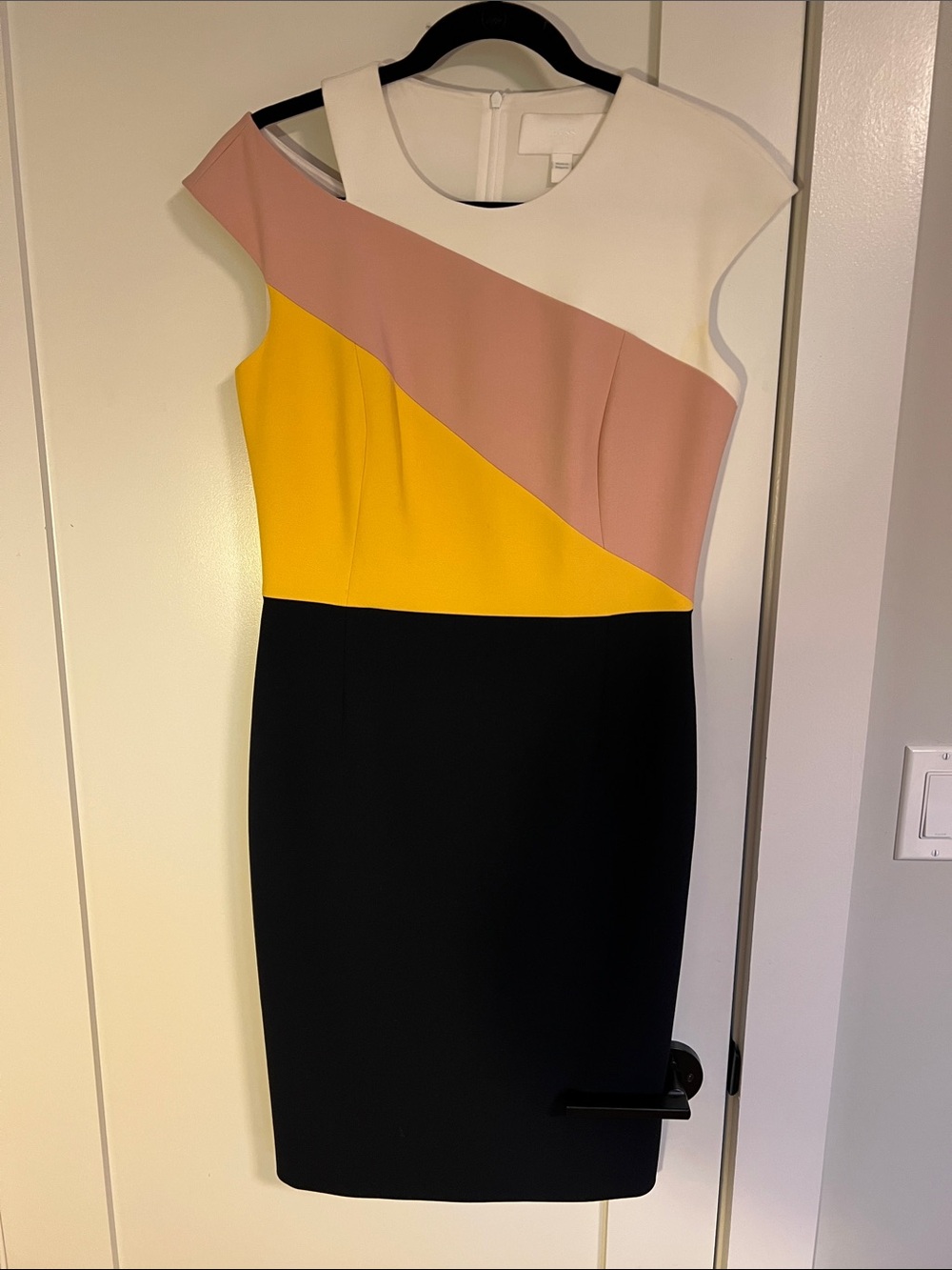 Hugo Boss Colorblock Sheath Dress in White, Blush, Yellow & Black